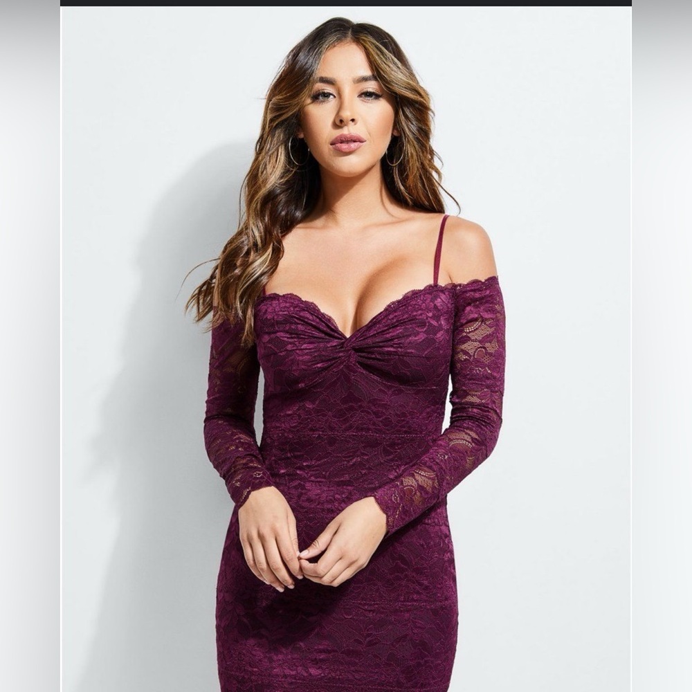 GUESS Burgundy Lace Dress with Spaghetti Straps